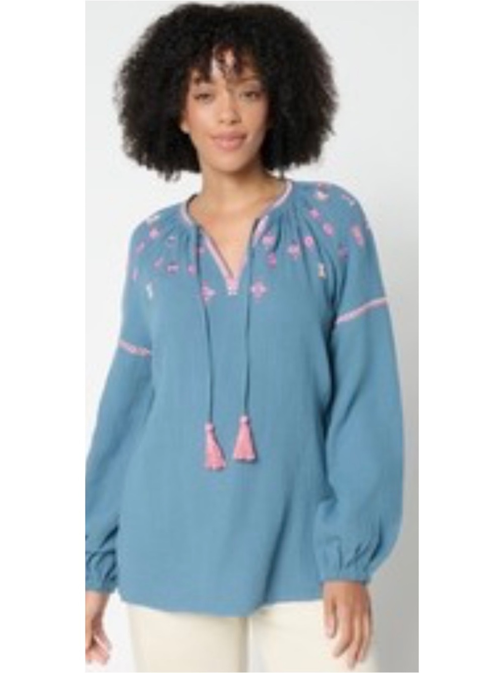 Belle By Kim Gravel Mineral Blue Summer Sunset Cotton Gauze Tassel Top Medium